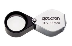 Hand lens (Opticron) X10 magnification:  23mm diameter