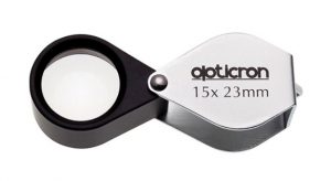 Hand lens (Opticron) X 15 magnification; 23 mm diameter