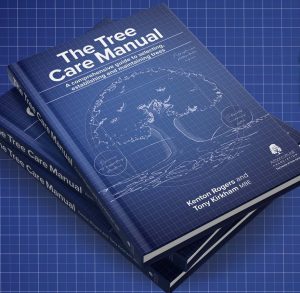 A book stack of 3 copies of The Tree Care Manual on a blue background
